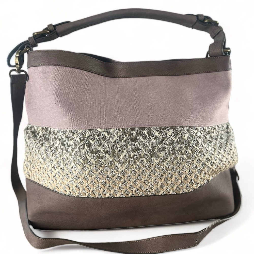 BOUTIQUE Oversized Tan Canvas Knit Vegan Leather 3 TIER Tote Adjustable Strap